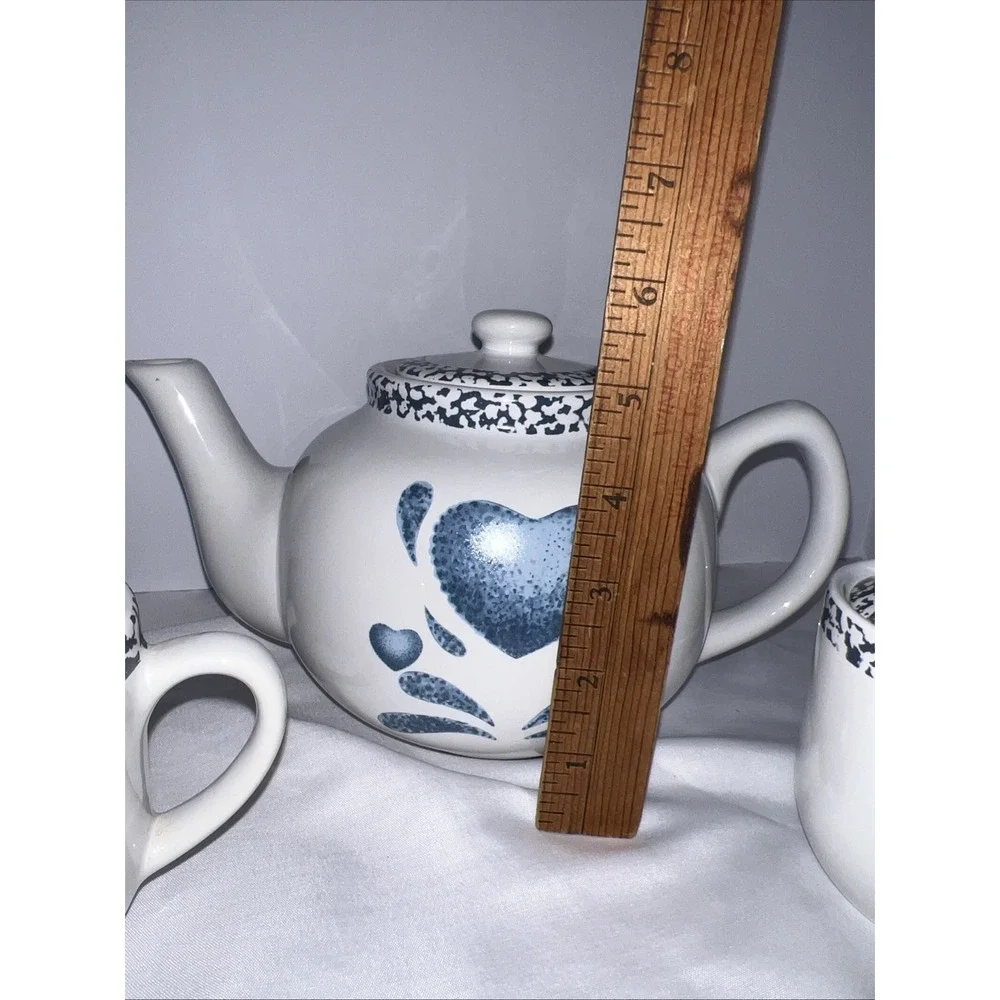 Corelle/ Jay Import Blue Heart Tea Pot Sugar & Creamer Set VTG 3 Piece
